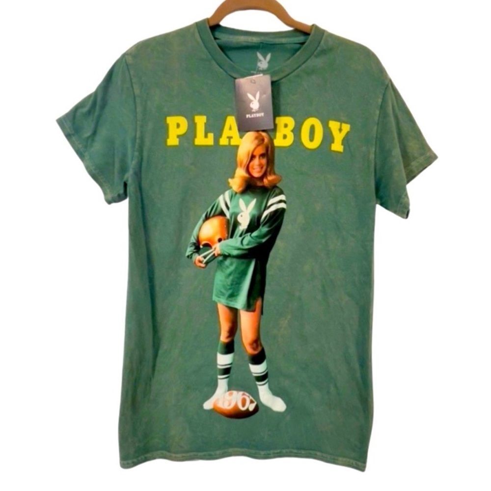 PLAYBOY Vintage Inspired 1967 Football Graphic Green Tee Size Large New